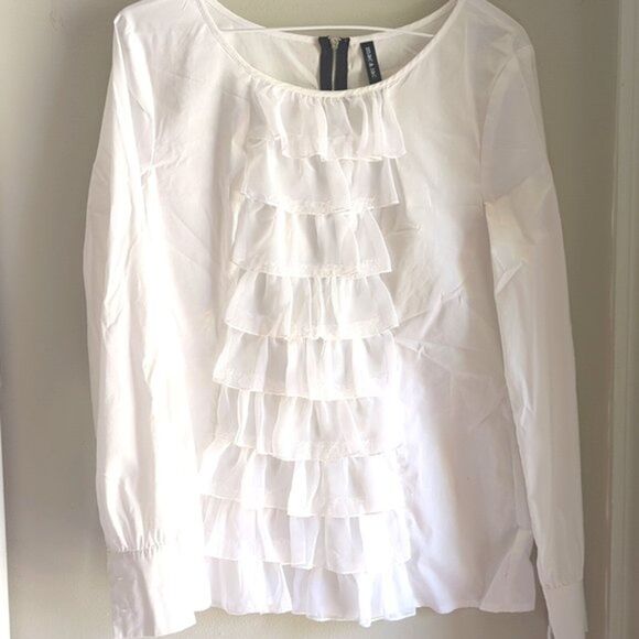 Mac & Jac White Ruffle Front Blouse Women's M Lightweight Professional Sheer - Picture 2 of 8